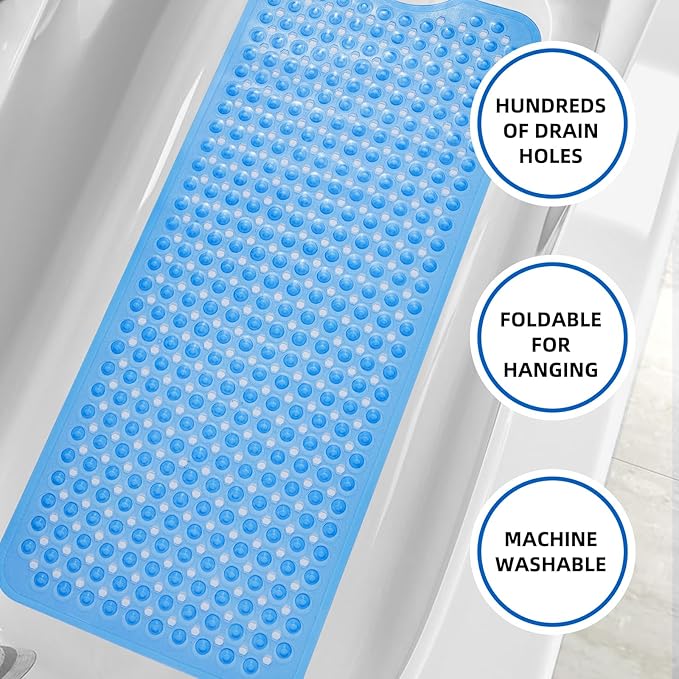ZHICHENG Bath Tub and Shower Mats, Non-Slip 39 x 16 Inch Extra Long Bath Mat, Machine Washable Bathtub Mat with Drain Holes, Suction Cups for Bathroom (Colour Blue) - Image 5