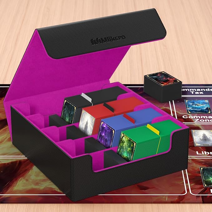Mlikero Card Deck Case, 2400+ Trading Card Storage Box with 10 Colorful Dividers and 4 Foam Stoppers, Leather Magnetic Closure Commander Deck Box Fit for MTG, TCG (4 Rows, Black&Purple) - Image 7