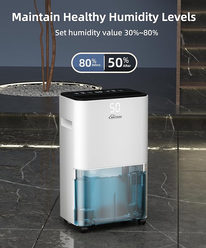 BRITSOU 34 Pint Dehumidifier for Basement with Drain Hose & 0.66 Gallon Water Tank, Manual & Auto Drainage, Smart Quiet Dehumidifiers for Home with Auto Shut off, 24HR Timer - Image 5