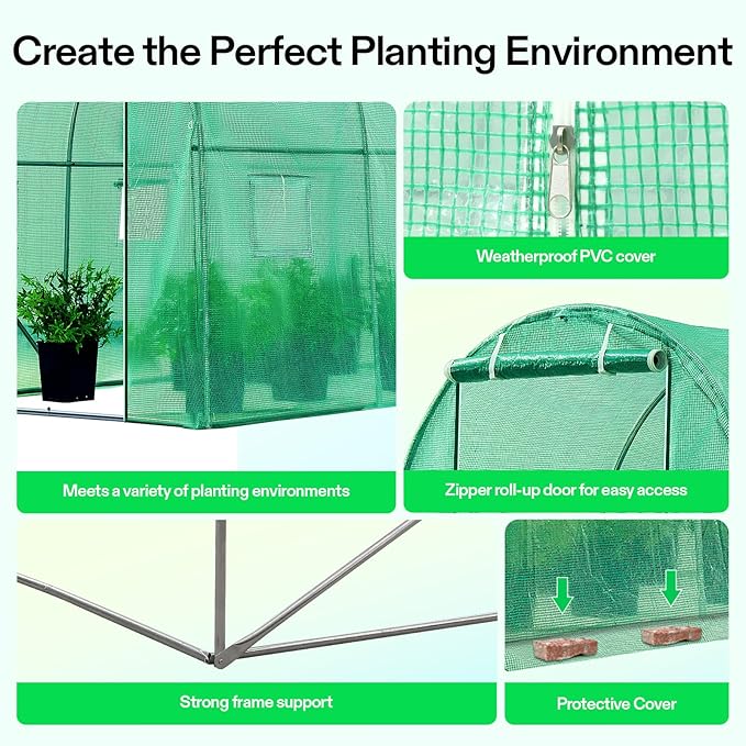 VIVOSUN 10x7x7 Ft. Large Walk in Greenhouse, Greenhouse Tunnel, Garden Plant Hot House with Green PE Cover, Roll-up Zipper Door and Window for Outdoor - Image 5