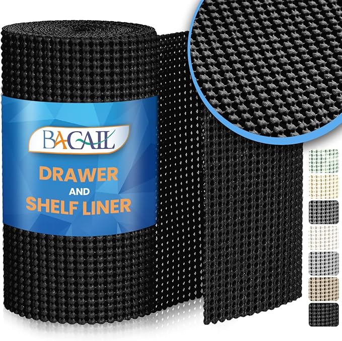 BAGAIL Drawer and Shelf Liner, 12 in X 10 Ft Non-Adhesive Shelf Liners for Kitchen Cabinets, Thick Strong Grip Liners for Desk, Shelves, Bathroom Drawers, Cabinet Protection - Black by BAGAILBASICS