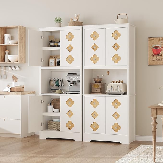 Garvee 72" Tall Pantry Cabinet, Kitchen Hutch Storage Cabinet with Countertop for Microwave, Freestanding Wooden Cupboard with Carved Door & Crystal Handle, for Dining Room, Living Room, Antique White - Image 3