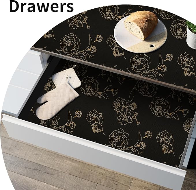 Shelf Liners for Kitchen Cabinets 17.5in x 20FT Non Adhesive Drawer Liner Black Floral Thickened Shelf Liner Paper Strong Non-Slip Easy to Clean for Tool Box Refrigerator with Knife and Tape Measure - Image 9