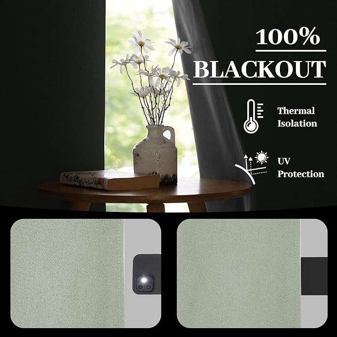RYB HOME Light Green Curtains 100% Blackout, Linen Window Treatment Panels Thermal Insulated, Privacy Drapes for Living Room/Bedroom/Nursery, Rod Pocket & Back Tab, 2 Panels, W52xL84 - Image 3