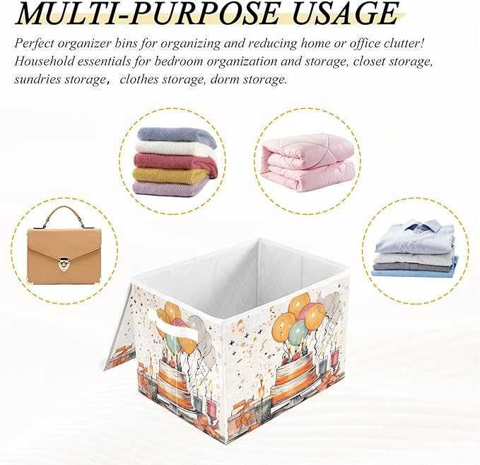 xigua Happy Birthday Pattern Storage Bins with Lids and Carrying Handle,Foldable Storage Boxes Organizer Containers Baskets Cube with Cover for Home Bedroom Closet Office - Image 7