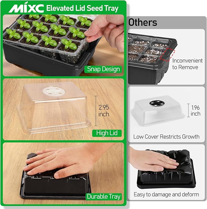 MIXC Seed Starter Tray with Elevated Lid, 120 Cells Seed Starter Kit with Adjustable Humidity Dome, Drainage Hole, Clear Heightened Lids for Indoor Outdoor Greenhouse Gardens, 10 Pack, Black - Image 4