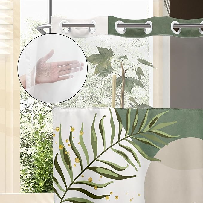 Sage Green Boho No Hooks Shower Curtain with Snap in Liner 72Wx72H Modern Mid Century Abstract Gold Leaves Minimalist Geometric Bathroom Decor Neutral Aesthetic Bath Curtain Fabric Polyester - Image 4