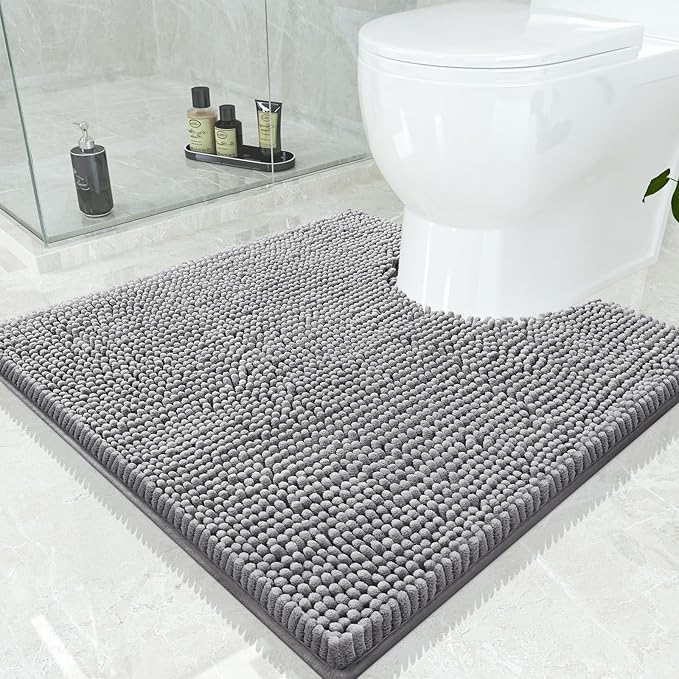 Smiry Luxury Chenille Toilet Rugs U-Shaped 24x24, Soft Absorbent Non-Slip Contour Bathroom Rugs for Toilet, Machine Washable Contoured Bath Mats, Grey by Smiry