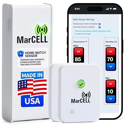 MarCELL Home/Cottage Watch Bundle (Verizon) - Vacation Home Temperature Monitor, Humidity & Power Monitor - Made in The USA with Included Water Leak Detectors (sPucks) - 24/7 Instant Alerts by MarcellMonitoringSystems