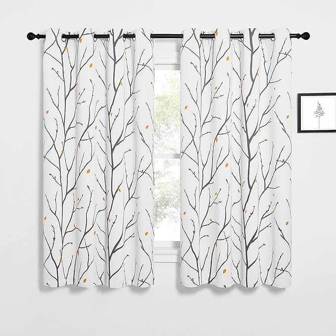 NICETOWN White Curtains with Grey Twist Branches & Flowerrain Pattern, Silver Grommet Romantic Room Darkening Light Blocking Vertical Drapes for Bedroom/Kids Room, W52 x L63, 2 PCs by NICETOWN