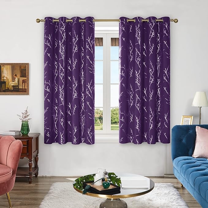 Deconovo Blackout Curtains, Purple Curtain, Thermal Insulated Soundproof Grommet Drapes, Silver Tree Foil Print, 52 x 63 Inch, 2 Panels, Machine Washable Window Panel for Living Room Bedroom Office by Deconovo