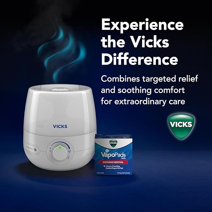 Vicks NaturalCare Cool Mist Ultrasonic Humidifier, Small Room Humidifier for Bedroom, Diffuser with Nighttime Light, Works with Vicks VapoPads, White - Image 9