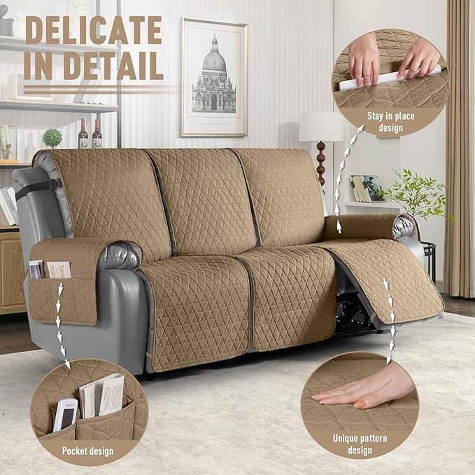 TAOCOCO 100% Waterproof Recliner Cover, Non-Slip Washable Reclining Couch Cover with Elastic Leg Straps, Furniture Protector for Dogs (Khaki,3 Seater) - Image 6
