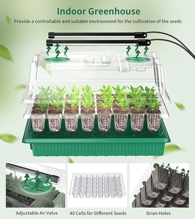 Seed Starter Tray, 80-Cells Seedling Starter Trays with Grow Light and Humidity Dome, Reusable Seed Germination Kit for Indoor Gardening Seed Starting (2 Pack, Green Base) - Image 3