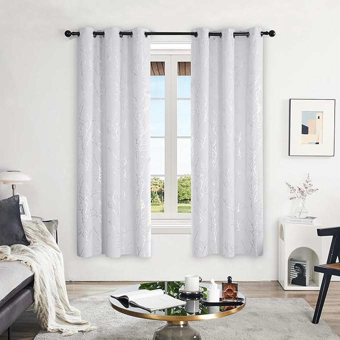 Deconovo Greyish White Curtains, Room Darkening Curtain, Thermal Insulated Soundproof Drapes, Silver Branch Print, 42 x 72 Inch Long, Grommet Window Panels for Living Room Bedroom Nursery, Set of 2 - Image 2