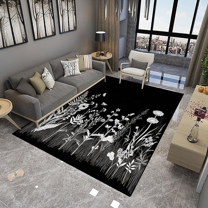 Shag Carpet Black and White Field Flower Pattern Drawing Foldable Area Rugs Fade Resistant, Flame Resistant, Quick Dry, Stain Resistant, Waterproof Floor Carpet for Living Room Bedroom, 78 x 96 Inch - Image 4