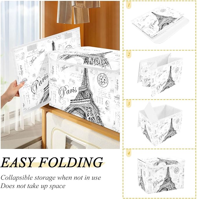 Kigai Paris Eiffel Tower Lidded Home Storage Bins, Foldable Storage Basket with Double Handle, Flip-Top Storage Box for Clothes Documents - Image 4