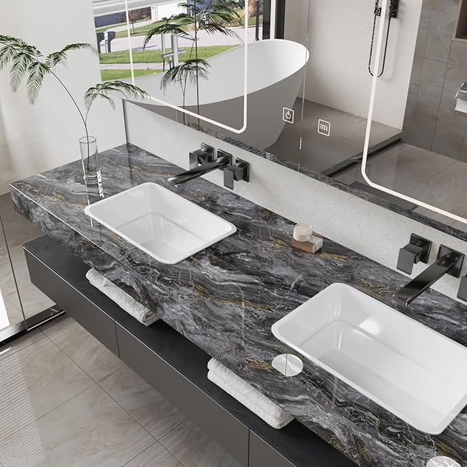 CRE8TIVE Dark Grey Gold Marble Contact Paper 12"x80" Glossy Slate Marble Wallpaper Peel and Stick Countertops Waterproof Self Adhesive Removable Wallpaper Marble Vinyl Wrap for Bathroom Cabinets Desks - Image 4