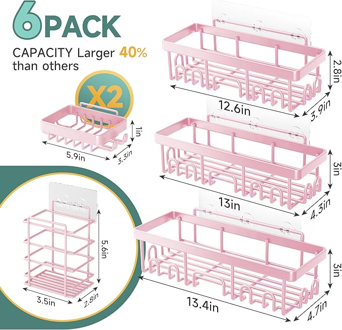 Veken Large Capacity Shower Caddy 6-Pack, No Drilling & Rustproof, Adhesive Shower Shelves with Soap Holder, Bathroom Organizers and Storage, Wall-Mounted Kitchen & Home Decor, Pink - Image 7