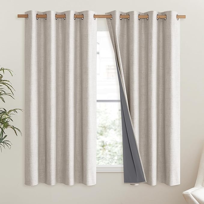 NICETOWN Brich Vintage Open Linen Weave Flax Thermal Curtains, 100% Blackout Curtains 48" Long for Dining Room, Soundproof Window Treatment Drapes for Hall Room, 52" Wide Per Panel, Set of 2 - Image 2