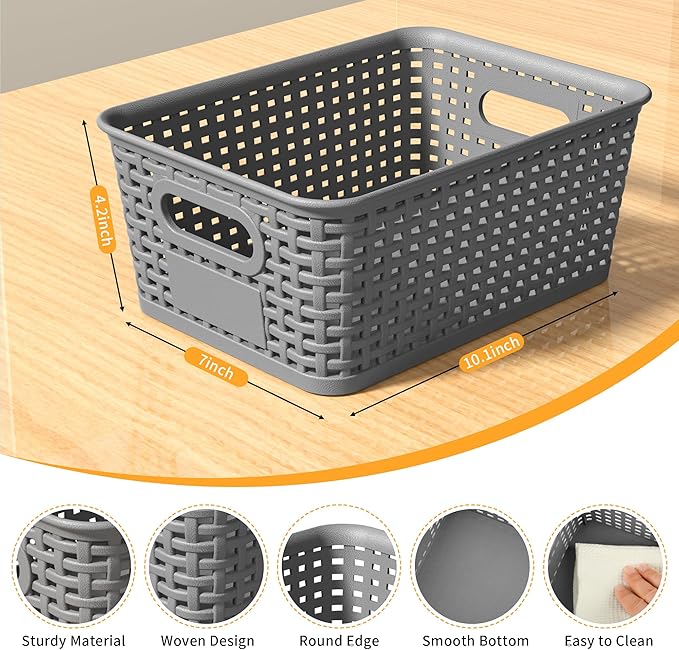 Gray Plastic Storage Baskets - Pack of 8 with Labels Stackable Durable Storage Bins, Storage Containers for Organizing Desks, Closets, Playrooms, Classrooms, Offices - Image 2