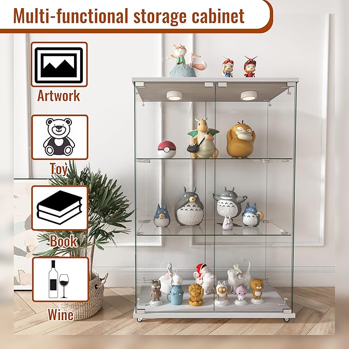 Yoluckea 3-Shelf Glass Display Cabinet with LED Lights, 2-Door Floor Standing Curio Cabinet with Universal Wheel for Home or Office, White Glass Bookshelf for Collections, Decor, and Corner Display - Image 4