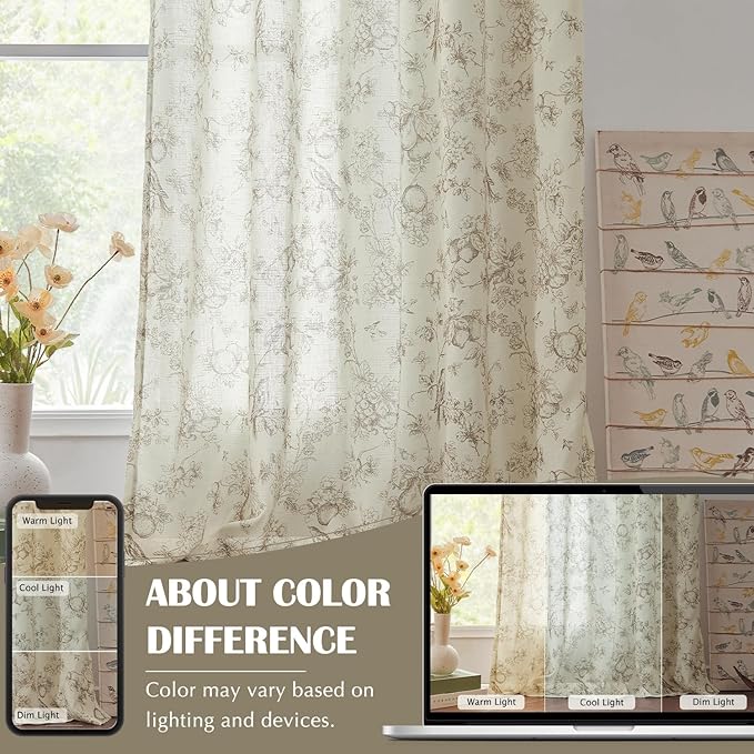 jinchan Linen Floral Curtains for Living Room 96 Inch Length Taupe Printed Flower French Country Curtain Farmhouse Cottage Core Toile Curtains Back Tab Light Filtering Window Drapes Set 2 Panels - Image 5