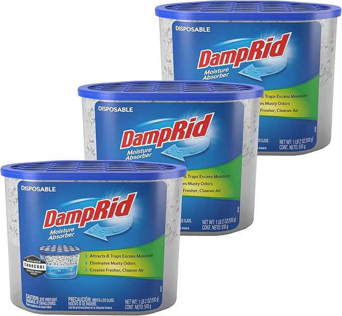 DampRid Fragrance Free Disposable Moisture Absorber with Activated Charcoal, 18 oz (Pack of 3) Moisture Absorber & Odor Remover, Lasts Up To 60 Days, No Electricity Required by DampRid