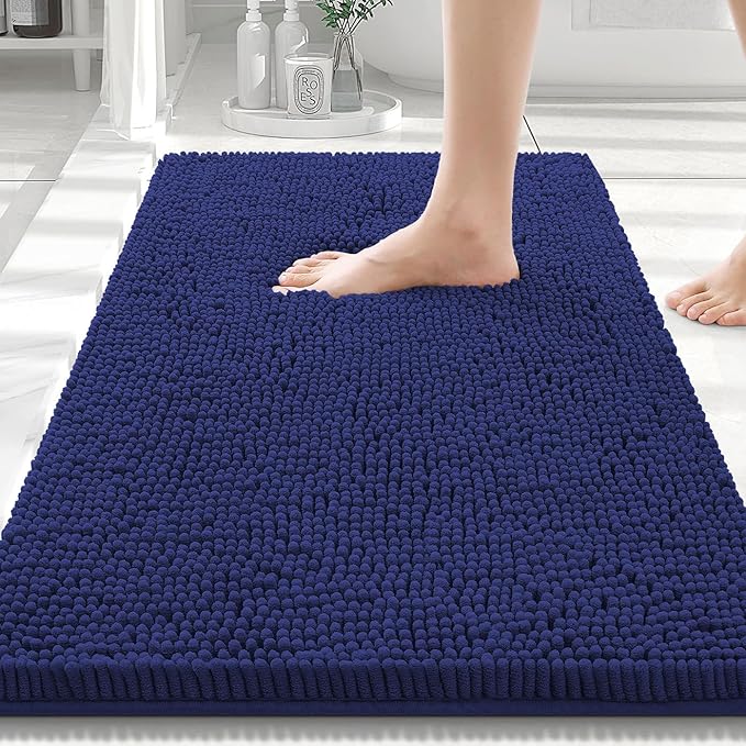 Smiry Luxury Chenille Bathroom Rugs 30x20, Extra Soft and Absorbent Shaggy Bath Mat, Machine Washable, Non-Slip Plush Carpet Runner for Tub, Shower, and Floor, Home Decor Accessories, Deep Blue by Smiry