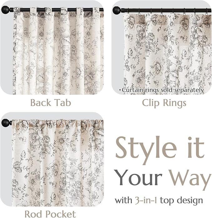 jinchan Linen Blend Curtain Floral Curtains for Living Room 96 Inch Length Black Printed Curtain Back Tab Farmhouse Peony Flower Patterned Drapes Bedroom Window Curtains Set 2 Panels - Image 4