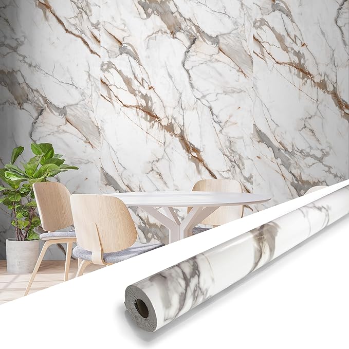 Marble Peel and Stick Waterproof Wall Paneling, 118" x 47" Calacatta Gold Glossy Finish Self-Adhesive Backsplash Tile Vinyl Wall Panel for Kitchen Bathroom Wall Decor, Covers 38.75 Sq. Ft. by premiumqualitypeelandsticktile