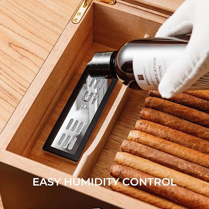 Woodronic Cigar Humidor for 50 Counts with Digital Hygrometer, Spanish Cedar Lined & Divider, Crystal Gel Humidifier, Humidor Solution, Cigar Cutter and Ashtray, Desktop Case Gift for Fathers - Image 3
