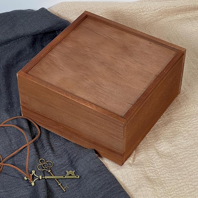 Large Wooden Box - 8x8x4 Inch Solid Wood Slide-Top Storage Box, Wooden Keepsake Chest with Lid, Decorative Wood Box for Jewelry Organizer, Photo Memory Storage, Vintage Home Decor - Image 5