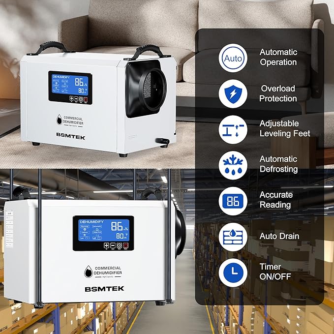 145 Pints Commercial Dehumidifier for Large Basements & Crawl Spaces up to 6500Sq.Ft, Industrial Dehumidifiers for Water Damage Restoration, Auto Defrost, Continuous Drain Hose, White-3PC - Image 6