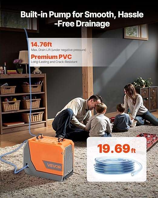 VEVOR 180 Pints Commercial Dehumidifier with Pump/Drain Hoses, Portable Crawl Space Dehumidifiers for Basement Storage Room Industrial Grade, Auto Defrost, Heavy-duty LLDPE,Foldable Handle - Image 5