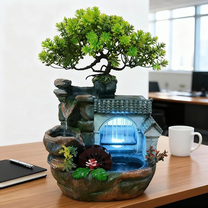 11" Desktop Fountain Rock Waterfall Humidifier with Artificial Tree &LED Light, Tabletop Water Fountains Indoor Fake Plant Bonsai Tree Feng Shui Decoration for Aquariums Office Bedroom Home Décor - Image 8