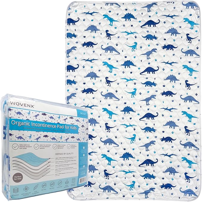 Organic Incontinence Pads for Kids & Toddlers - 5 Layer Waterproof Protectors for Overnight Bed Wetting - Reusable & Washable Pee Pads - Fits Twin to Full Size Beds - 34" x 52" Dinosaur - Image 8