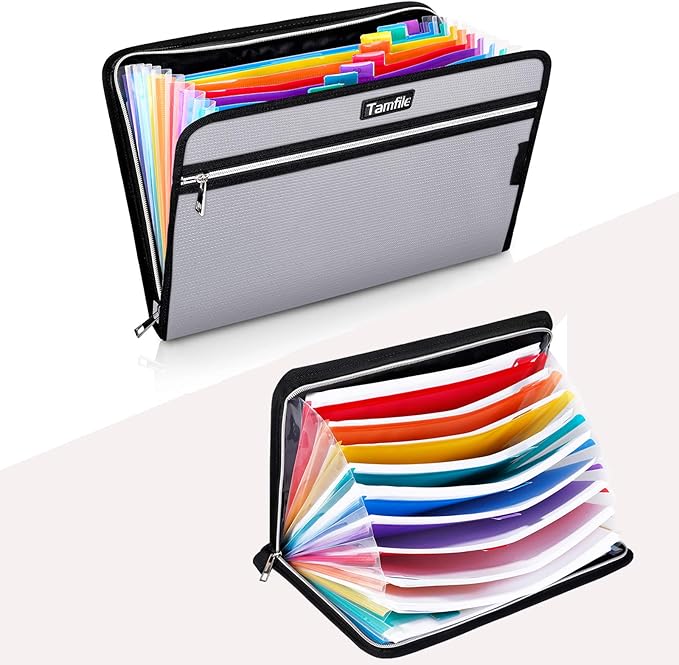 Fireproof Safe Waterproof Accordion File Bag Folder Expanding Filing Folder with 14 Multicolored Pockets, A4 Letter Size, Document Organizer Holder and Color Labels /2 Zipper (Silver 14.3" x 9.8") - Image 5