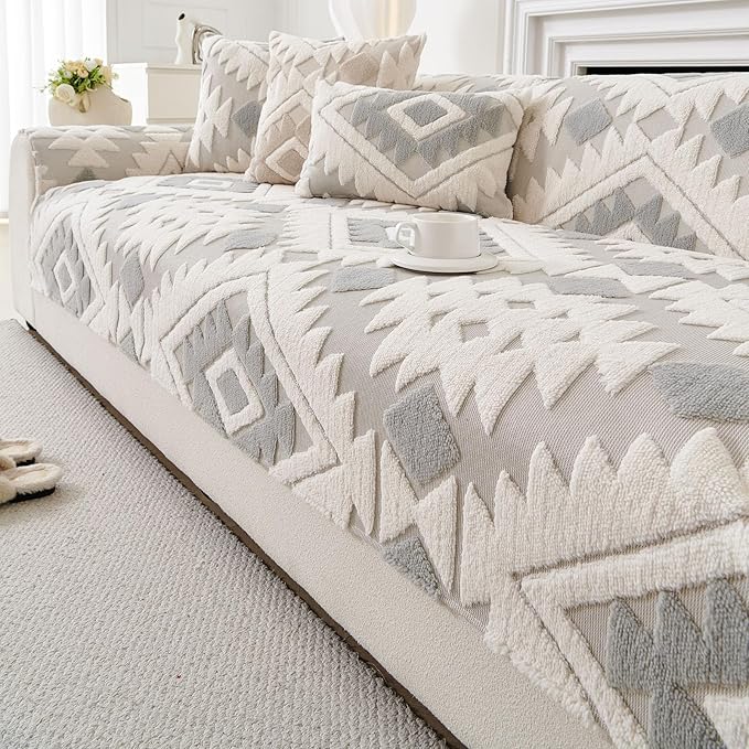 Boho Plush Couch Covers for Sofa Washable, Fuzzy Soft Couch Cover for Sectional Sofa, Non Slip Jacquard Sofa Cover Furniture Protector for Kids, Pets (Light Grey,36"x47") by WelcometoXSlive