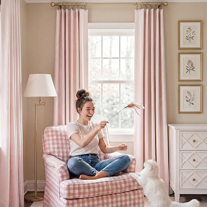 RYB HOME Pink 100%Blackout Linen Curtains for Girl's Room W52 x L84, Thermal Insulated &Privacy Assurd Curtains for Bedroom/Nursery/Living Room, Rod Pocket&Back Tab Drapes Boho Vintage Style, 2 Panels - Image 6