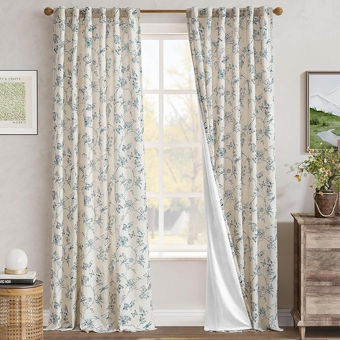 jinchan Floral Curtains Lined Linen Blend Curtain for Living Room 96 Inch Length Blue Flower Patterned Curtain French Country Farmhouse Curtains Drapes Back Tab Rod Pocket 2 Panels - Image 7