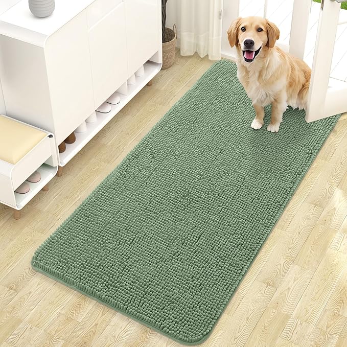 OLANLY Dog Door Mat for Muddy Paws 47x24, Absorbs Moisture and Dirt, Absorbent Non-Slip Washable Doormat, Quick Dry Chenille Mud Mat, Entry Indoor Entryway Carpet for Inside Floor, Olive Green by OLANLY