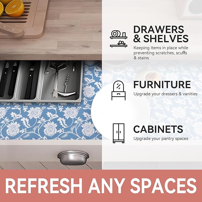 RAY STAR Shelf Liner, 12 Inch x 10 Feet Non Adhesive Floral Kitchen Cabinet Liner for Pantry Drawer Vanity, Strong Grip Non Slip Waterproof, Blue Shelf Liners for Kitchen Cabinets Cupboard - Image 6