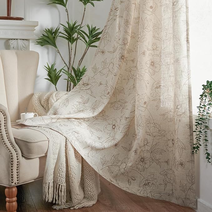 jinchan Floral Linen Curtains for Living Room 63 Inch Length Taupe Flower Curtain Rod Pocket Back Tab Farmhouse Curtains with Printed Floral Bedroom Window Curtain Set, 2 Panels Taupe - Image 8