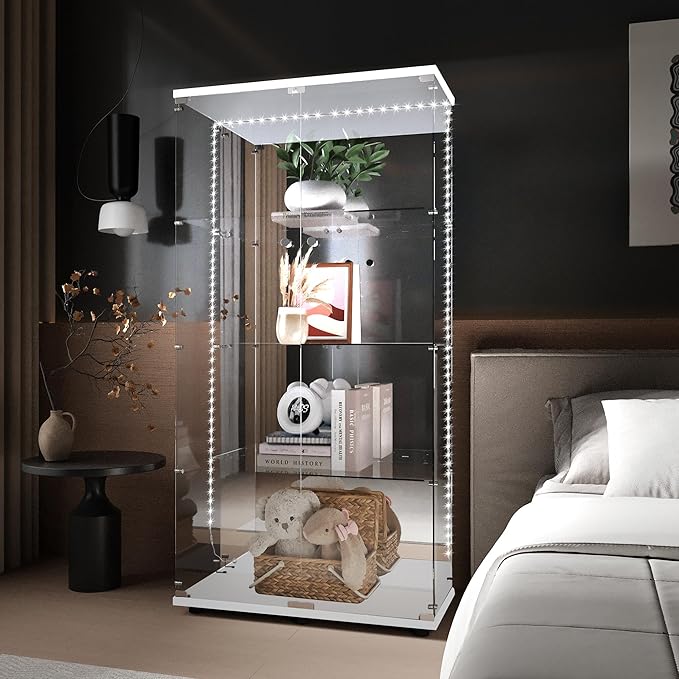 Yoluckea 4-Tier Glass Display Cabinet with Bluetooth LED Light Strip, 2-Door Floor Standing Curio Cabinet with Adjustable Feet and Mirror Back Panel, White Glass Bookshelf for Collections, Wood Top - Image 5