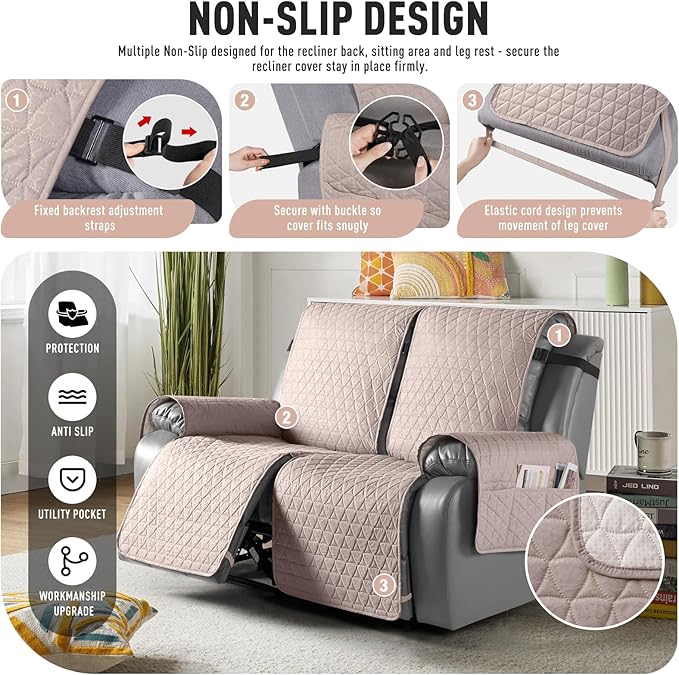 TAOCOCO 100% Waterproof Recliner Cover, Non-Slip Washable Reclining Couch Cover with Elastic Leg Straps, Furniture Protector for Dogs (Peach, 2 Seater) - Image 5