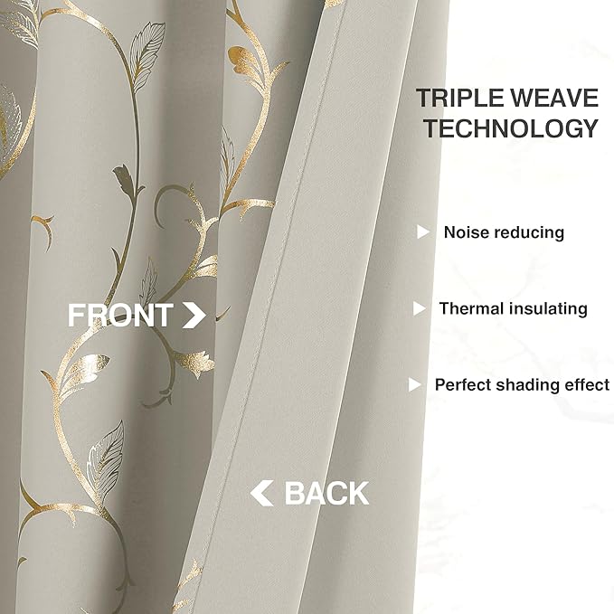 BUHUA Blackout Curtains Gold Foil Print Flower Vine Grommet Drapes, Room Darkening Thermal Insulated Curtains, Noise Reducing Curtain for Bedroom, Natural, 52Wx84L, 2 Panels - Image 5