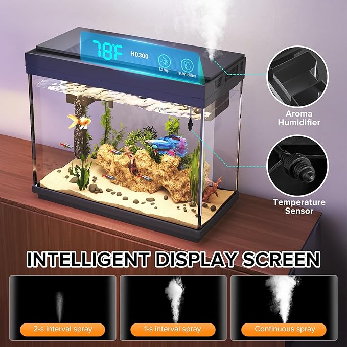 Fish Tank, 2.4 Gallon Fish Aquarium, Fish Tank Starter kit with Smart Humidifier, Temperature Display, 7-Color Lighting, 3 in 1 Quiet Pump with Filteration & Oxygenation & Circulation - Image 7
