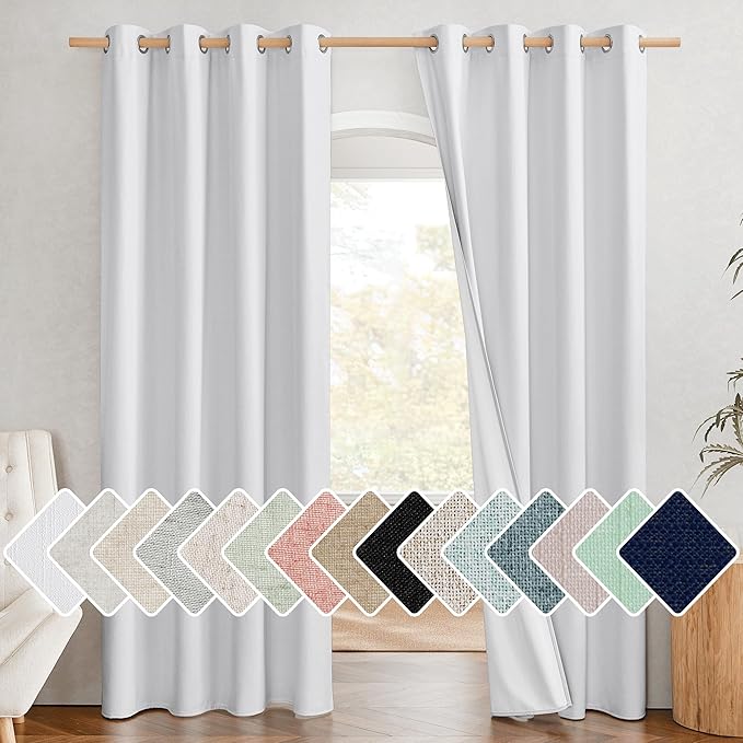 NICETOWN 100% Absolutely Blackout Linen Curtains with Thermal Insulated White Liner, White, 52 inches Wide, 84 inches Length Energy Saving Curtains for Living Room 2 Panels Set, Vertical Blinds by NICETOWN