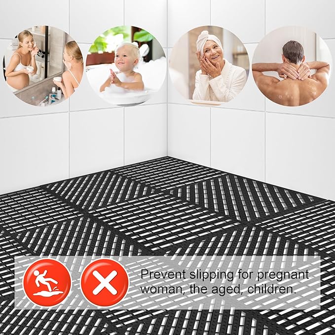 MYFAMIREA Modular Interlocking Cushion 12 Pack 11.8" x 11.8" Rubber Floor Tiles Non-Slip Splicing Drainage Mats for Deck, Pool, Shower, Patio, Balcony, Bathroom, Kitchen, Yard (1 Rows Dots, Black) - Image 6